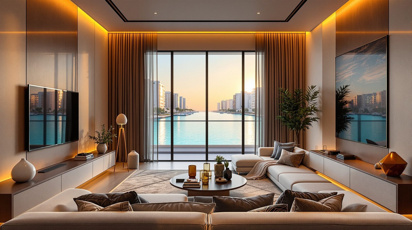 Canal-view holiday apartment living room on Yas Island