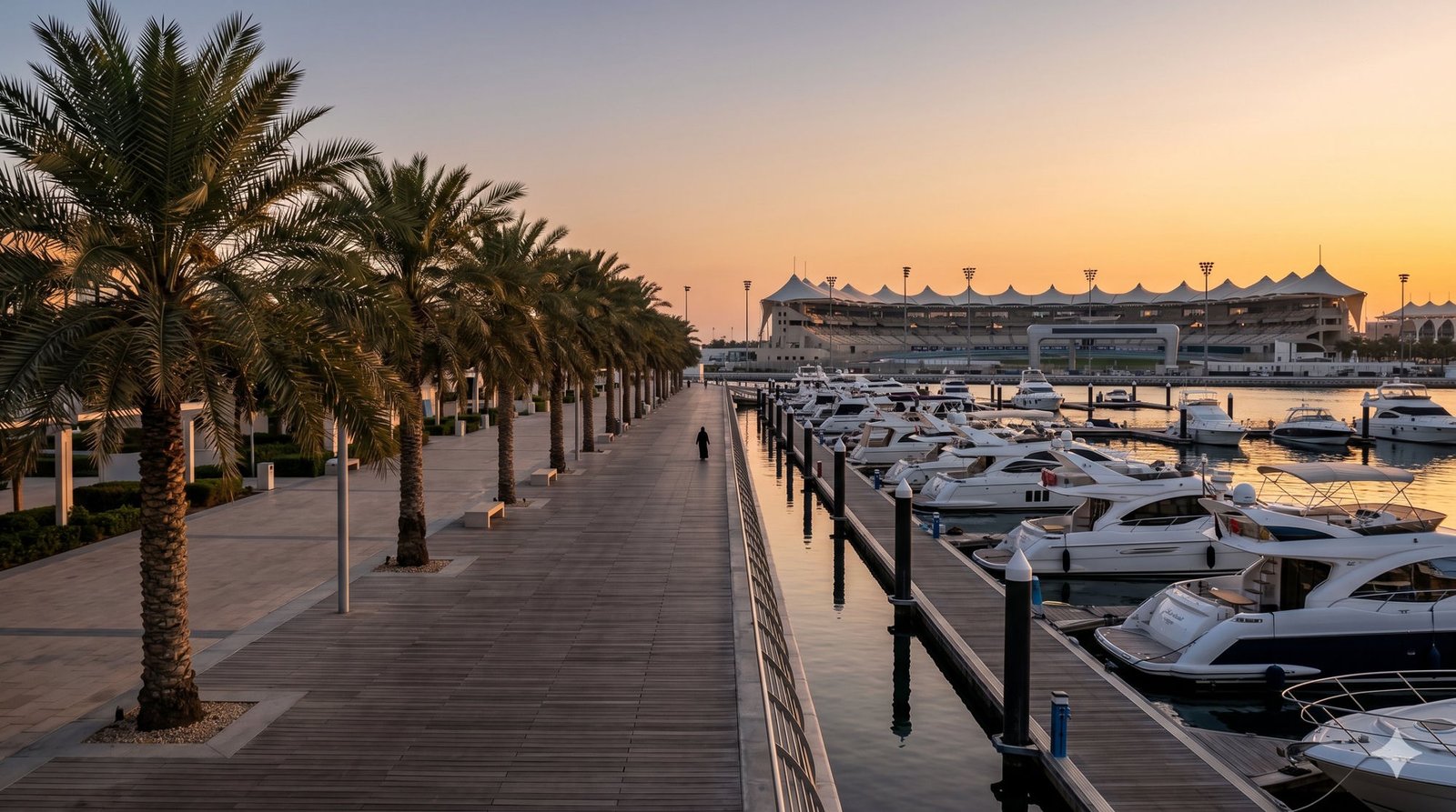 Yas Marina waterfront boardwalk golden hour cover blog-cover-ok