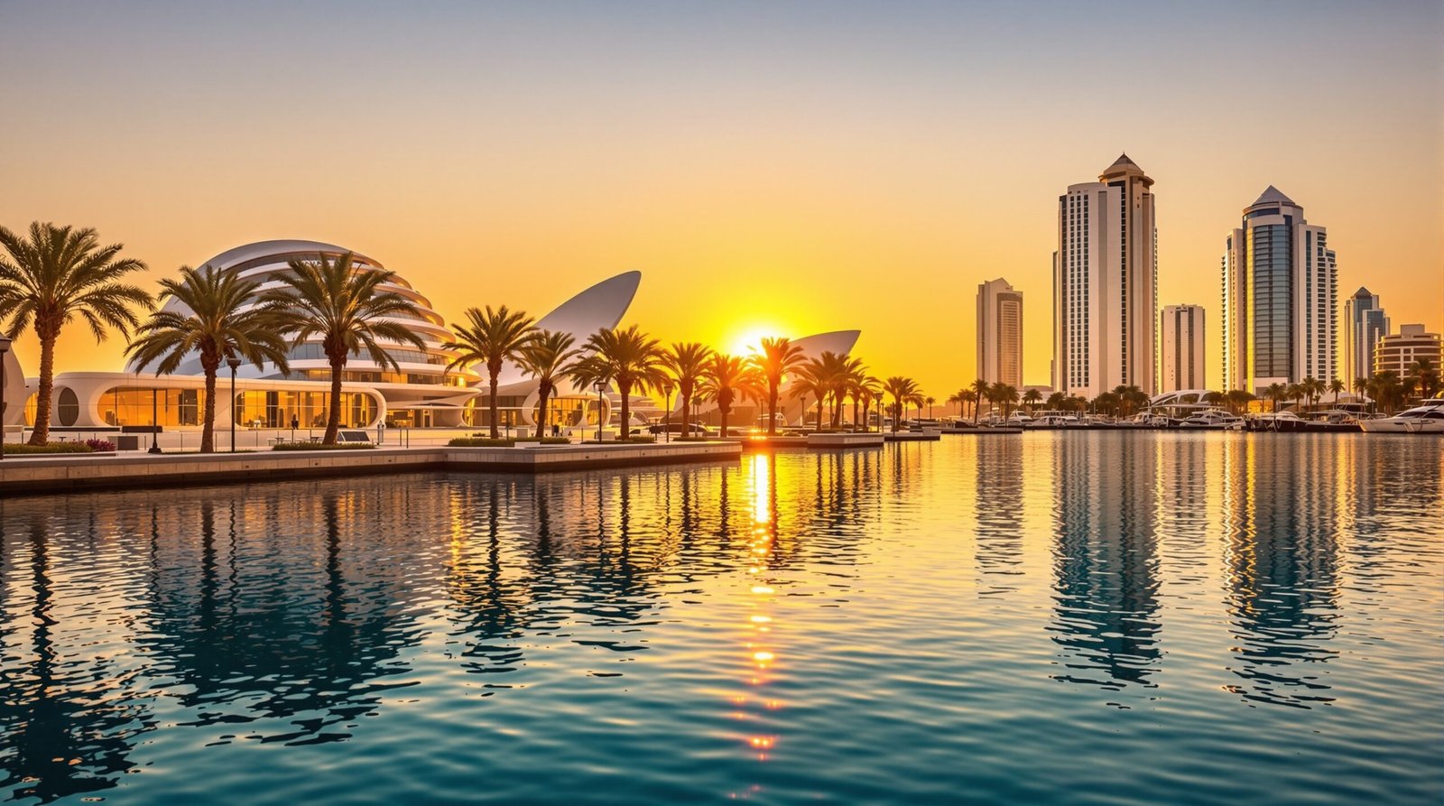 Yas Island Abu Dhabi waterfront at sunset