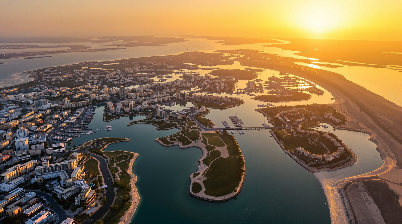 Aerial view of Yas Island neighbourhoods at golden hour