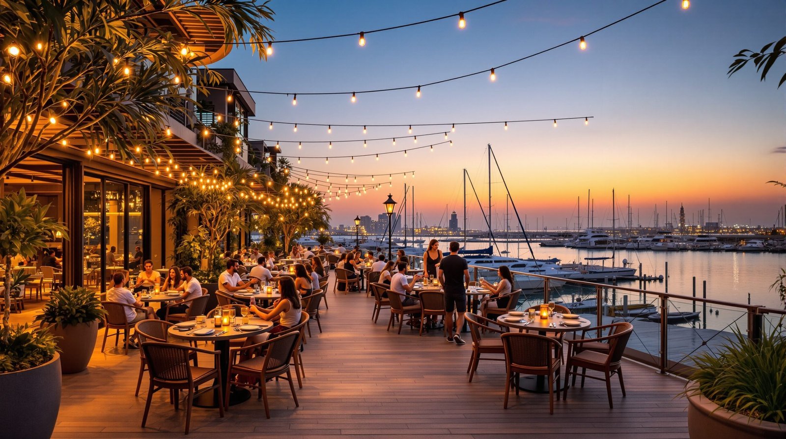 Waterfront restaurant terrace on Yas Island at dusk