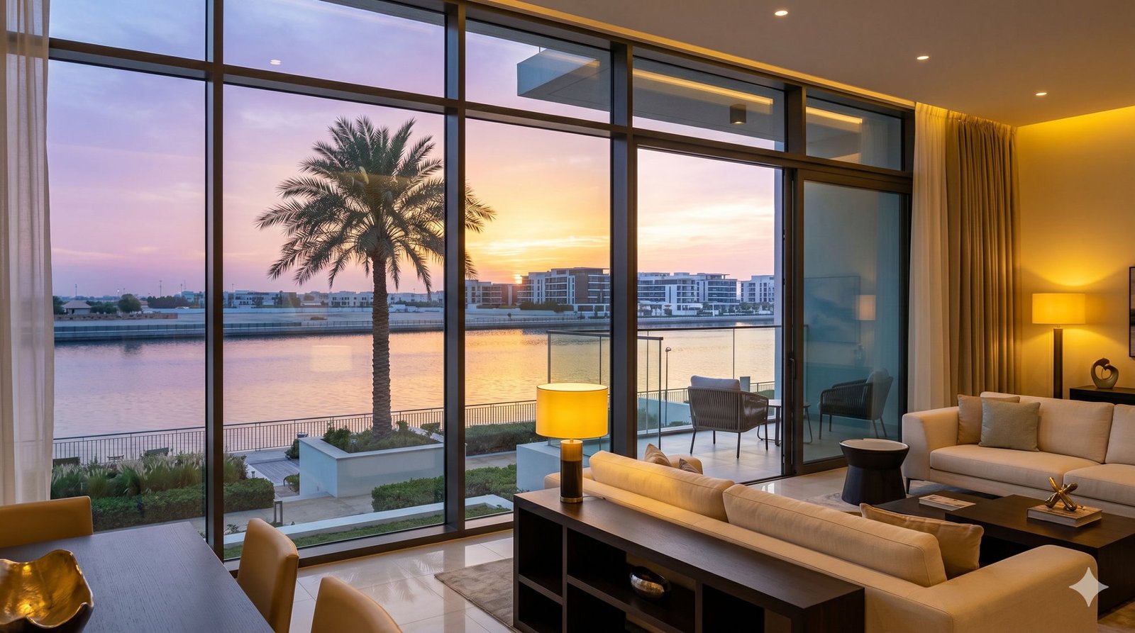 Modern apartment living room Yas Island canal sunset cover blog-cover-ok