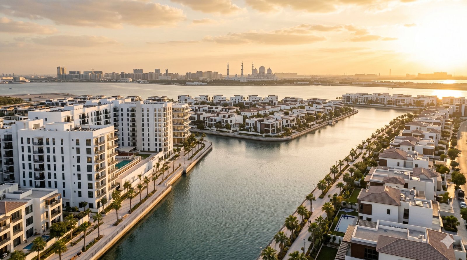 Aerial Yas Island residential canal golden hour cover blog-cover-ok