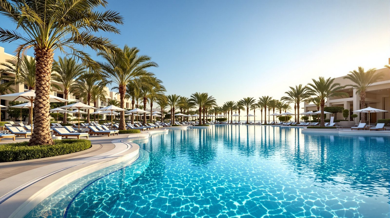 Resort swimming pool on Yas Island in summer