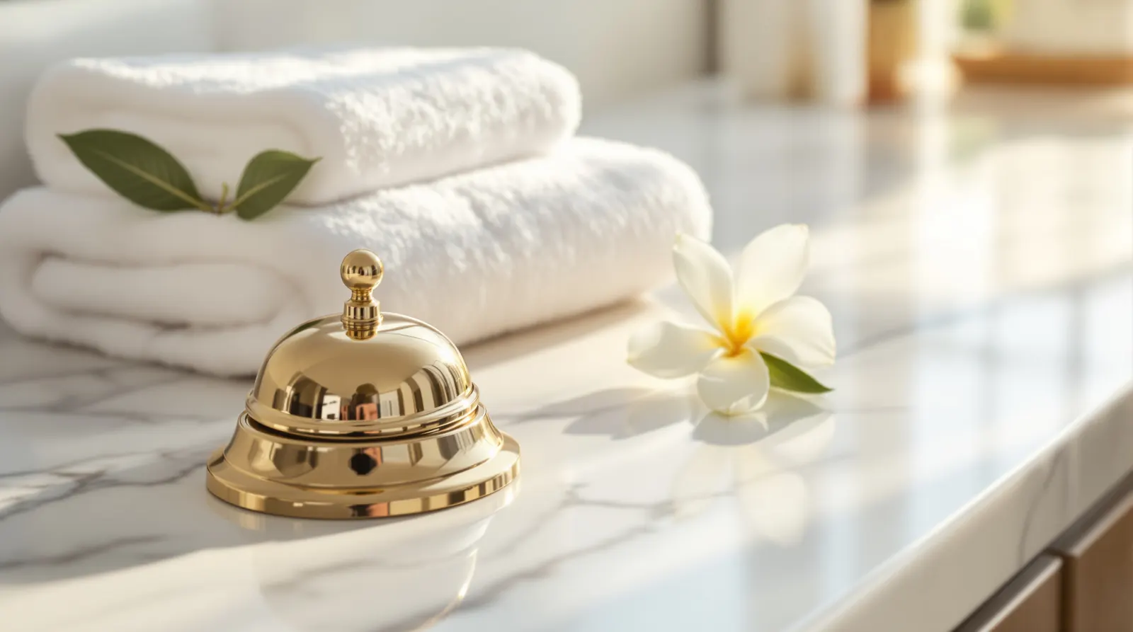 A brass reception bell on a linen desk